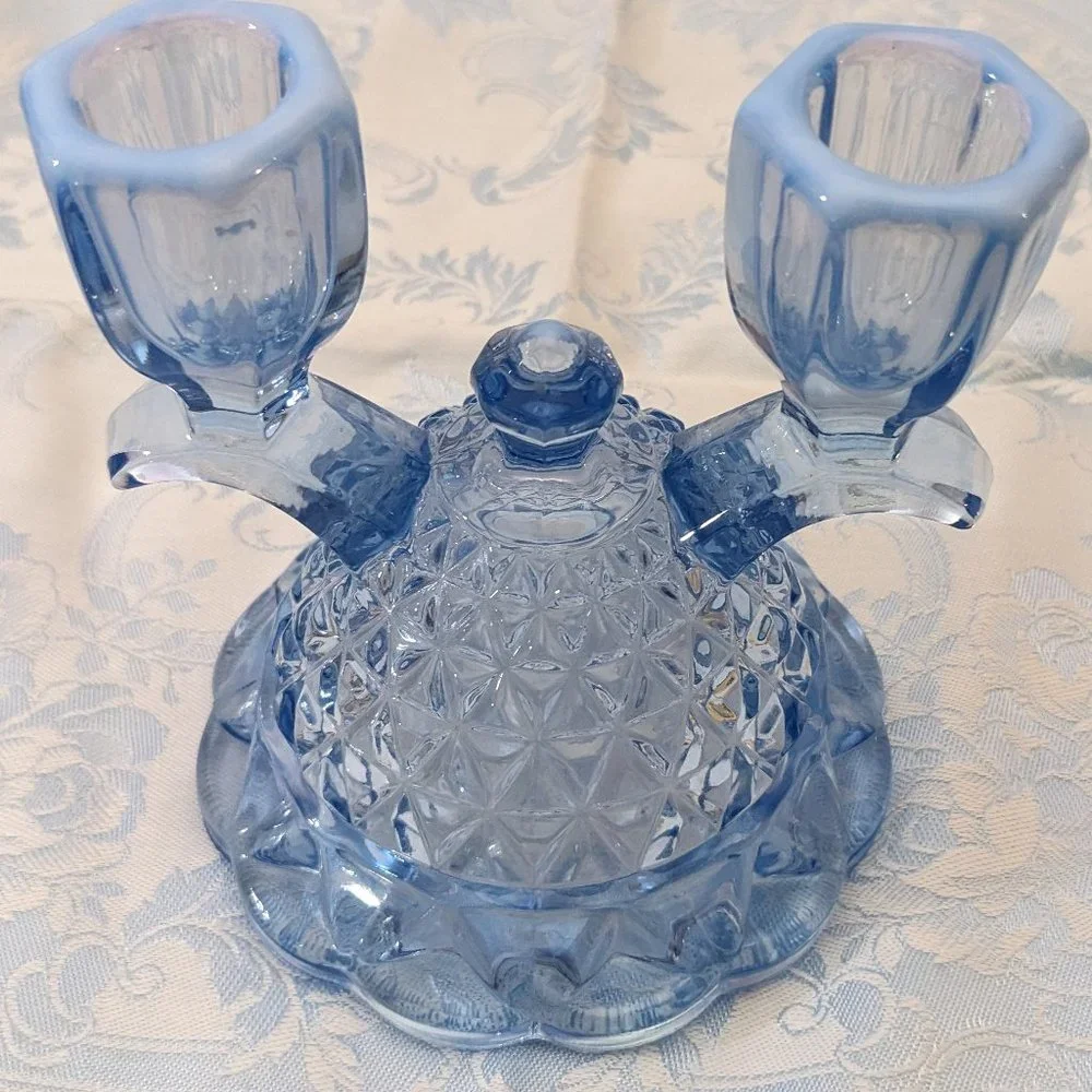 Pair of Vtg Depression Candle Holders Imperial Glass Katy Blu Lace Edge - Picture 3 of 9